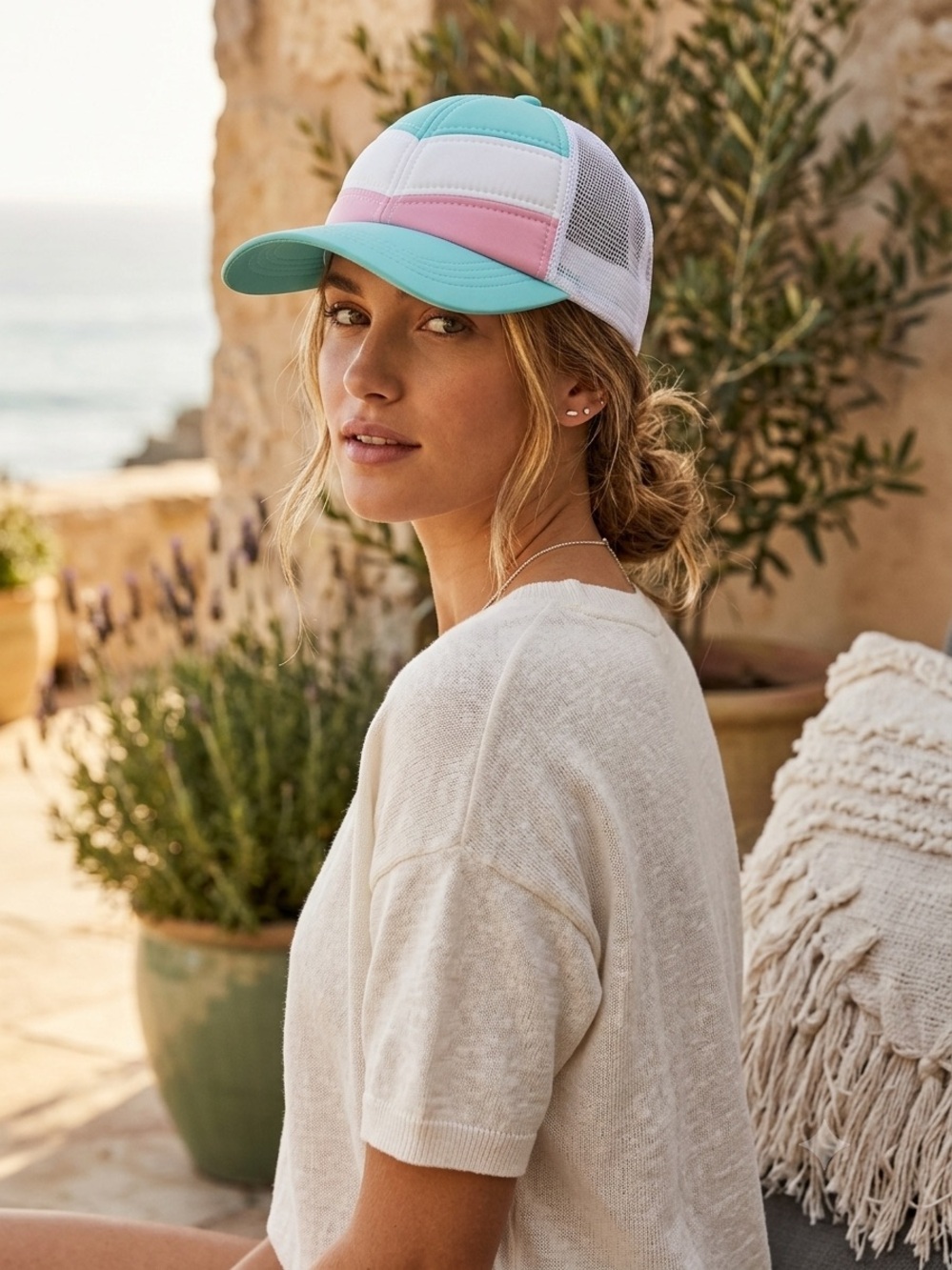 Empyre Aleksia Quilted Chevron Trucker Hat Pastel Colorblock Women’s Snapback